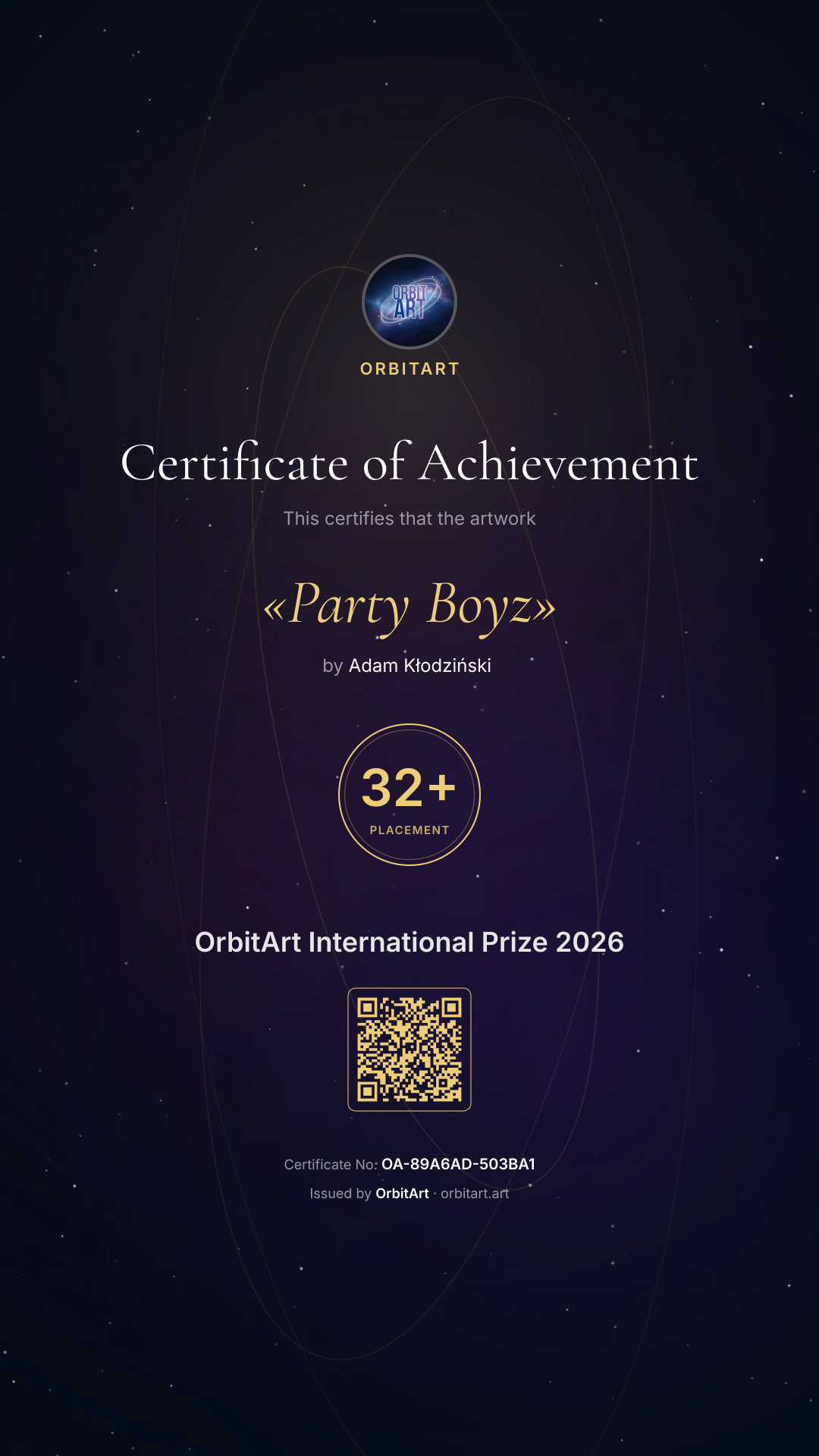 OrbitArt International Prize 2026 certificate of achievement for Party Boyz — 32+ Placement
