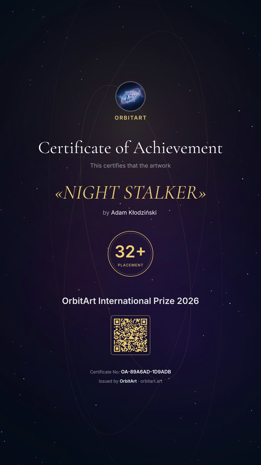OrbitArt International Prize 2026 certificate of achievement for The Night Stalker — 32+ Placement