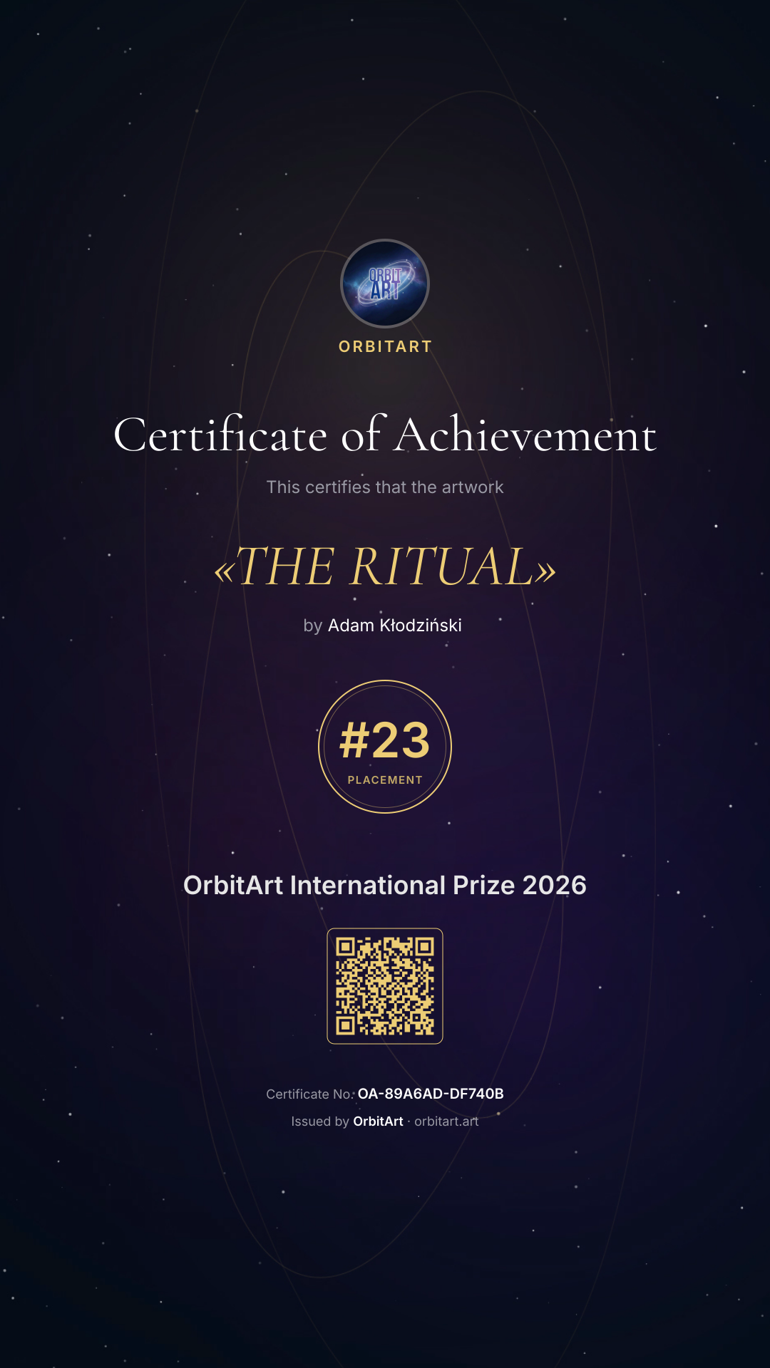 OrbitArt International Prize 2026 certificate of achievement for The Ritual — #23 Placement